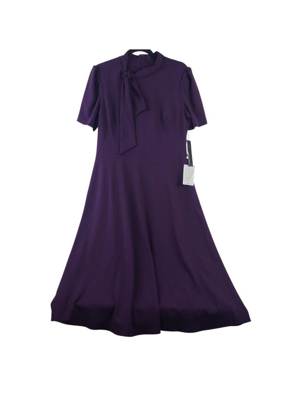 NEW Maggy London Purple Short Sleeve Tie Neck Midi Dress - Size 14